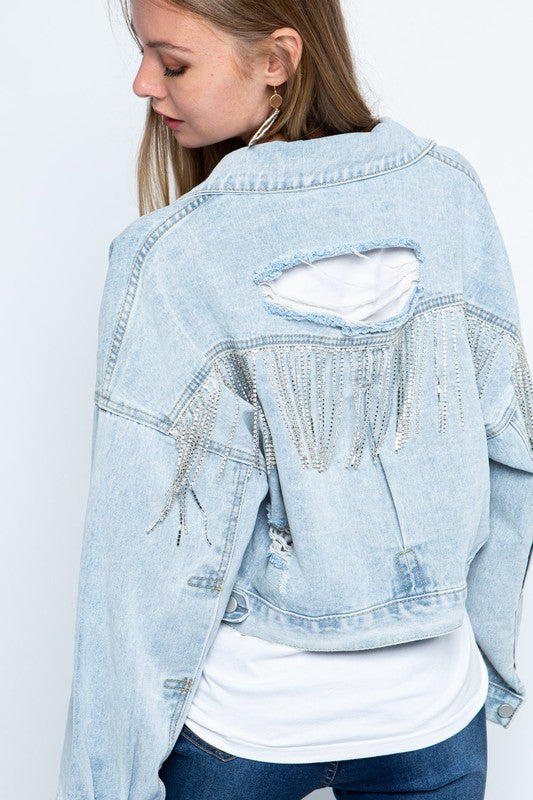 Sparkle + Shine Rhinestone Fringe Distressed Denim Jacket, Multi