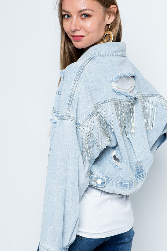 Sparkle + Shine Rhinestone Fringe Distressed Denim Jacket, Multi