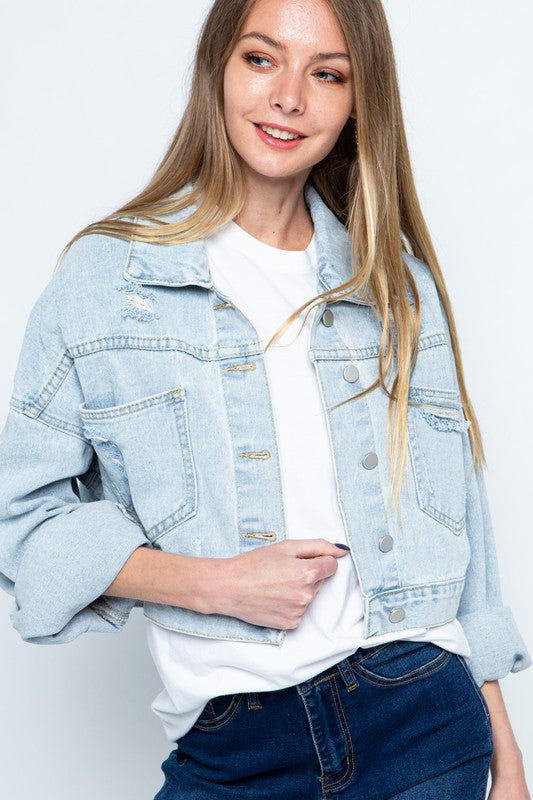 Sparkle + Shine Rhinestone Fringe Distressed Denim Jacket, Multi