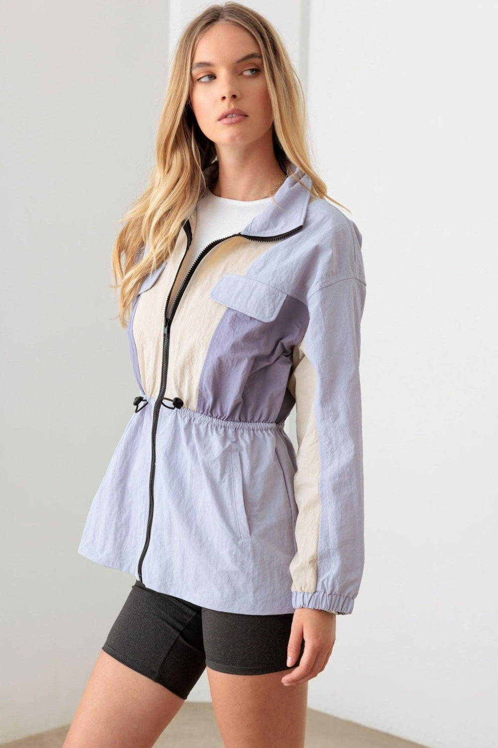 Color Block Collared Wind Breaker Jacket, Lavender Cream