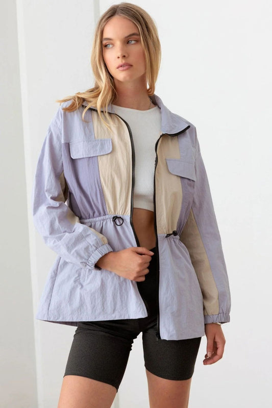 Color Block Collared Wind Breaker Jacket, Lavender Cream