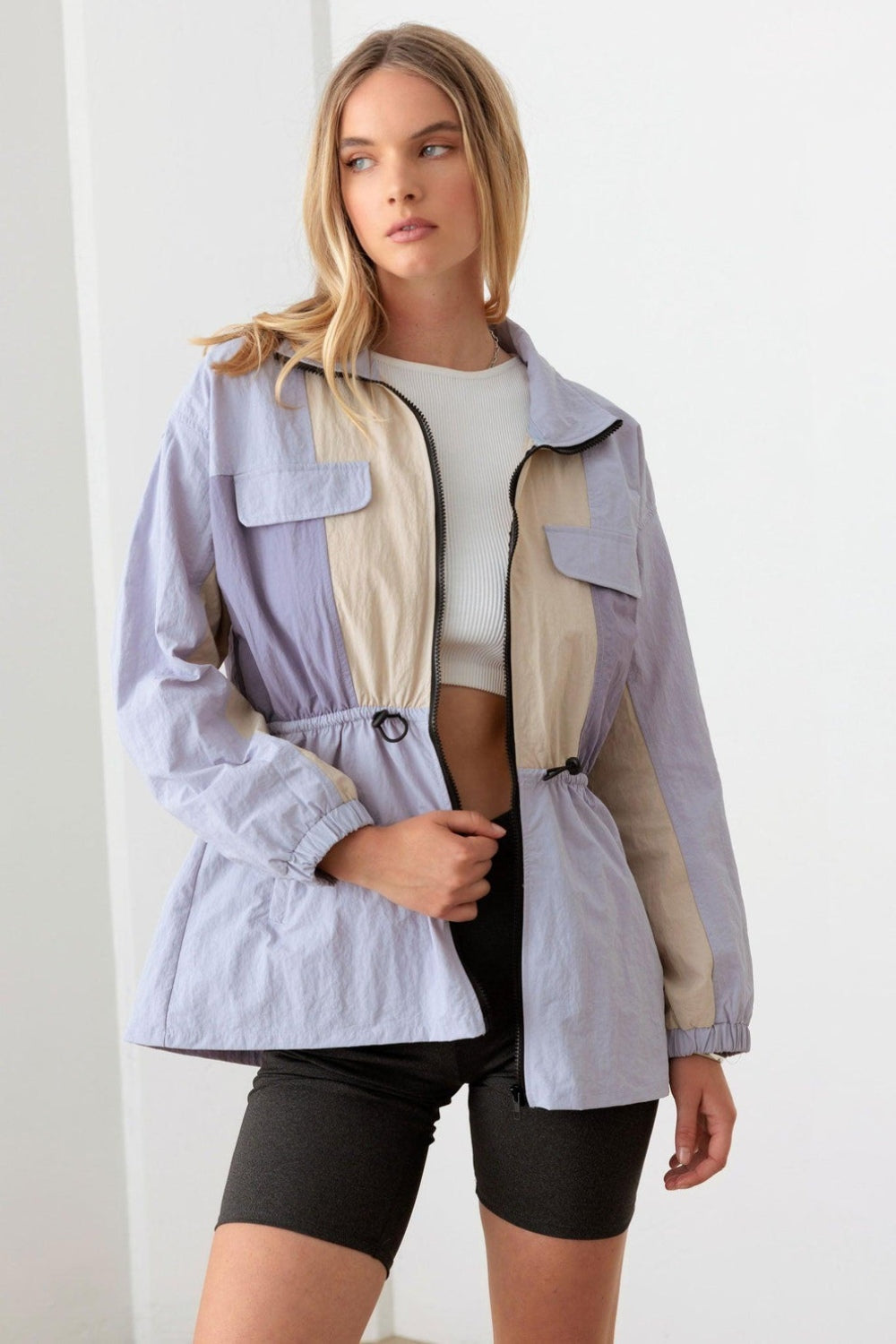 Color Block Collared Wind Breaker Jacket, Lavender Cream