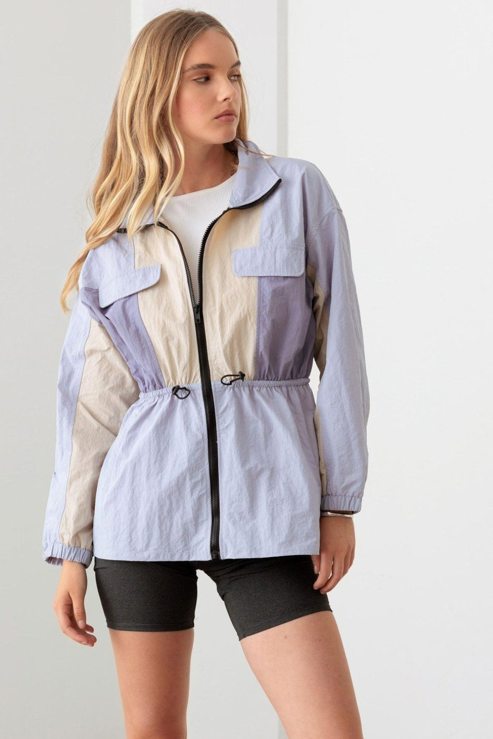 Color Block Collared Wind Breaker Jacket, Lavender Cream