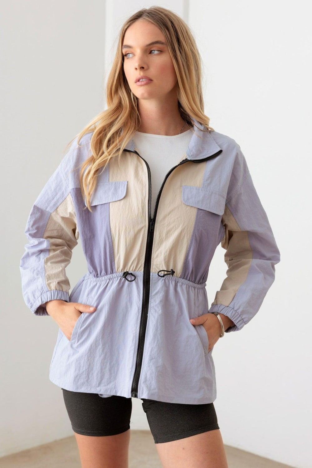 Color Block Collared Wind Breaker Jacket, Lavender Cream