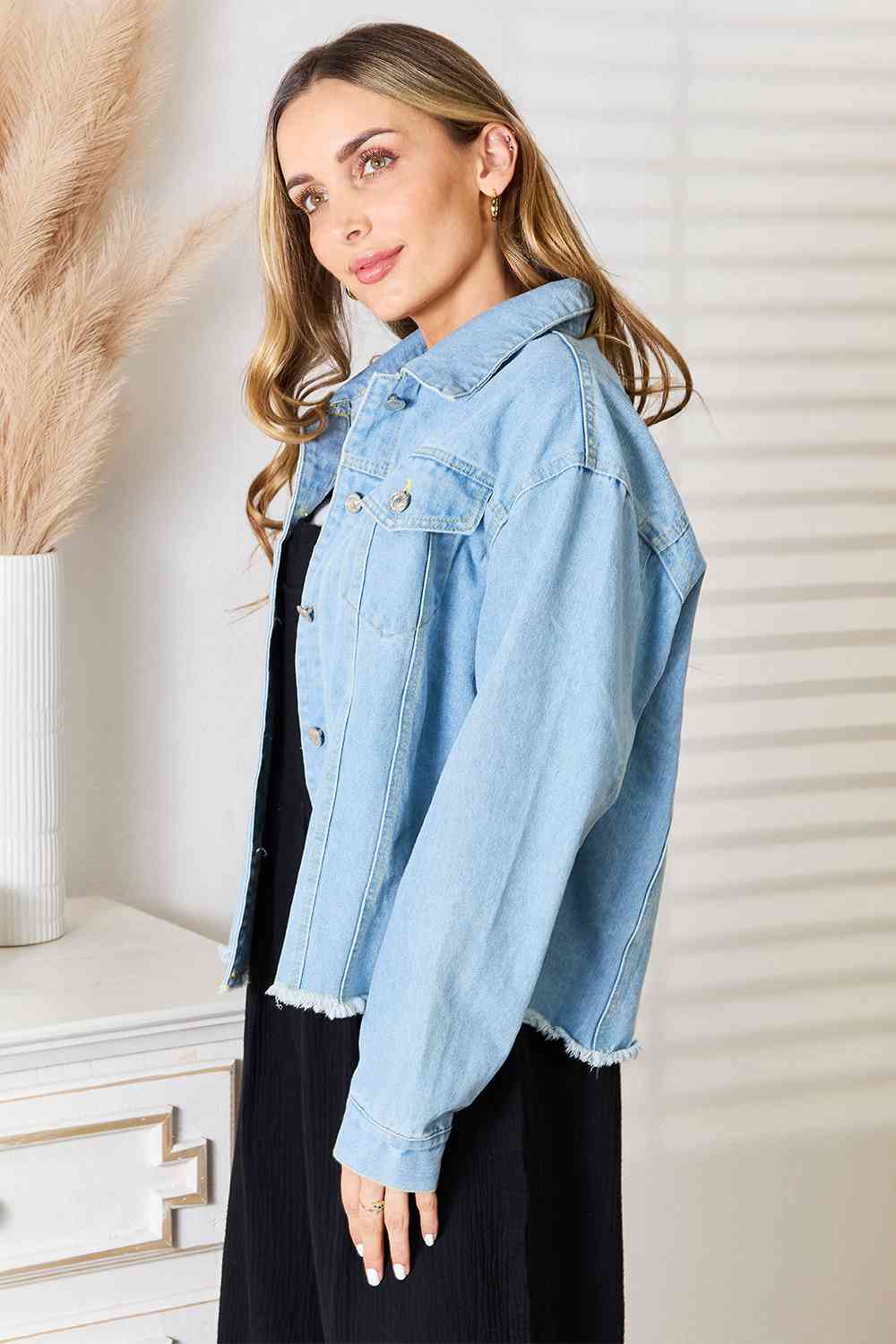 Double Take Dropped Shoulder Raw Hem Denim Jacket, Medium