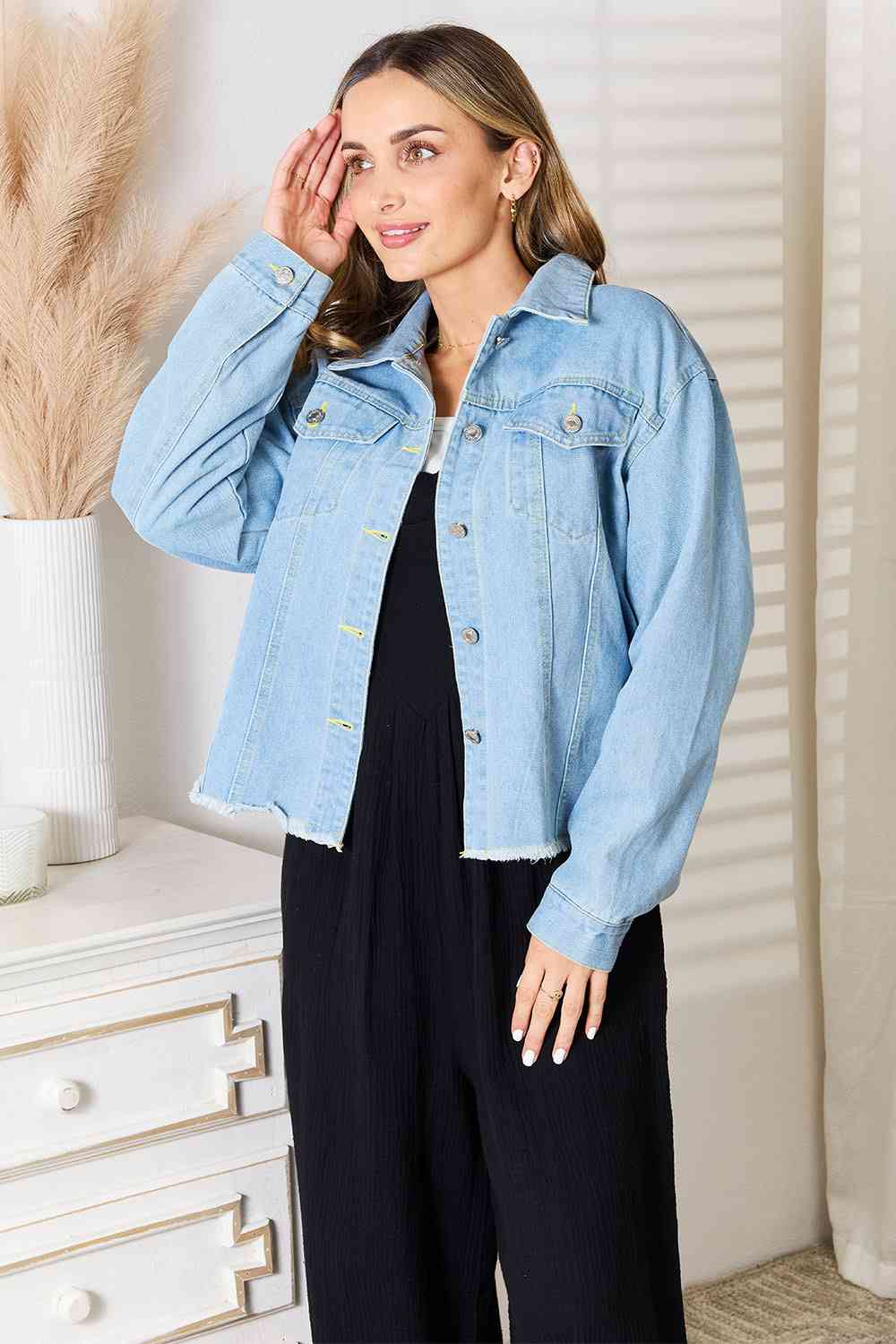 Double Take Dropped Shoulder Raw Hem Denim Jacket, Medium